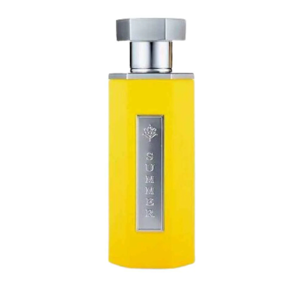 Yellow perfume bottle with silver cap on a white background