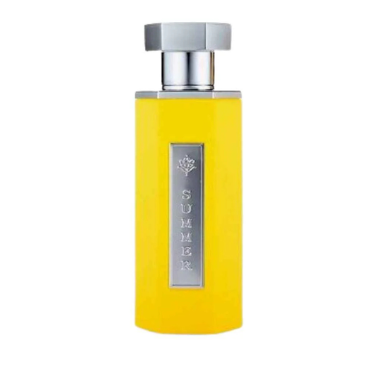 Yellow perfume bottle with silver cap on a white background