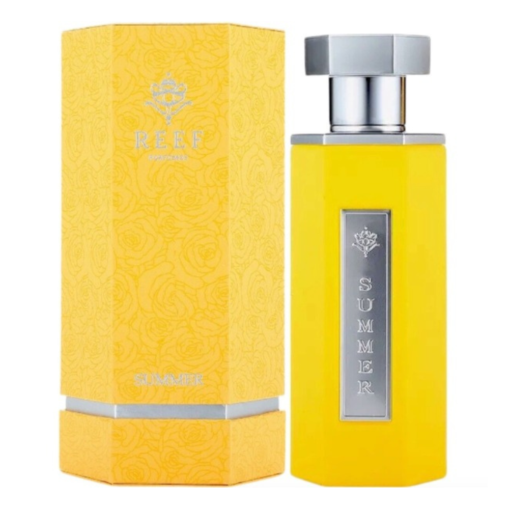 Yellow perfume bottle and packaging with 'REEF' branding on a white background