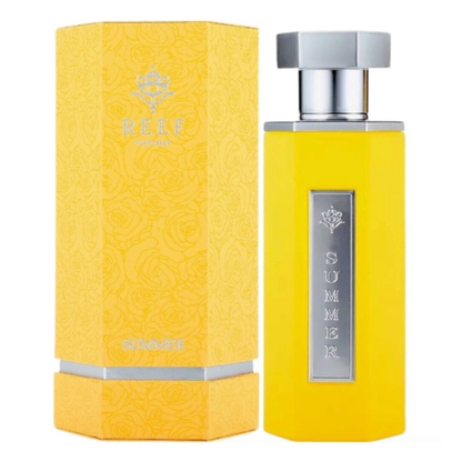 Yellow perfume bottle and packaging with 'REEF' branding on a white background