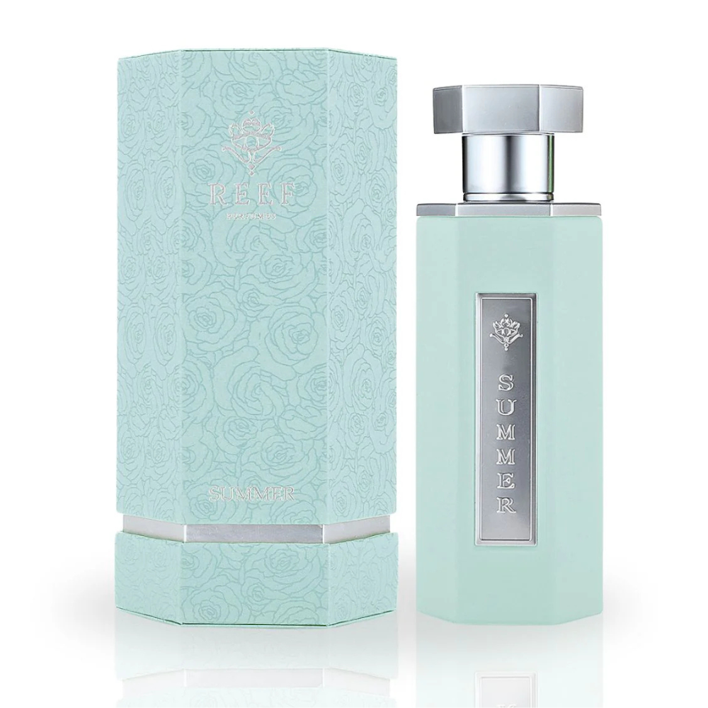 Mint green perfume bottle and packaging with 'SUMMER' text on a white background