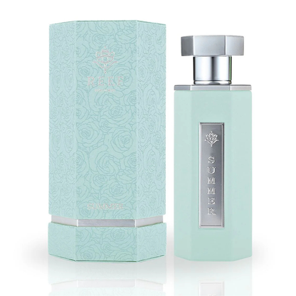Mint green perfume bottle and packaging with 'SUMMER' text on a white background
