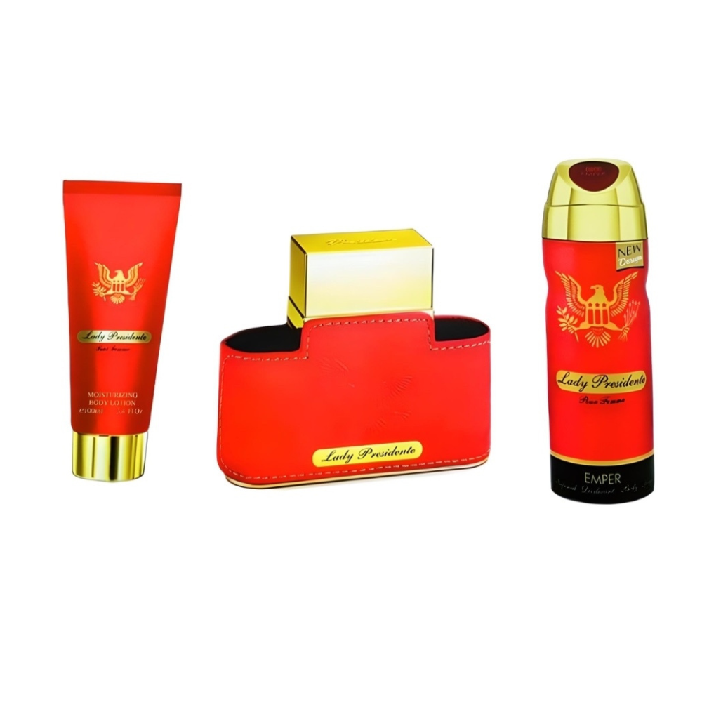 Emper Lady President Gift Set components (bottle, spray and shower gel) without outer box