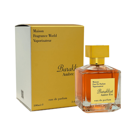 Fragrance World Barakkat Amber Eve 100 ml Eau de Parfum retail box and bottle