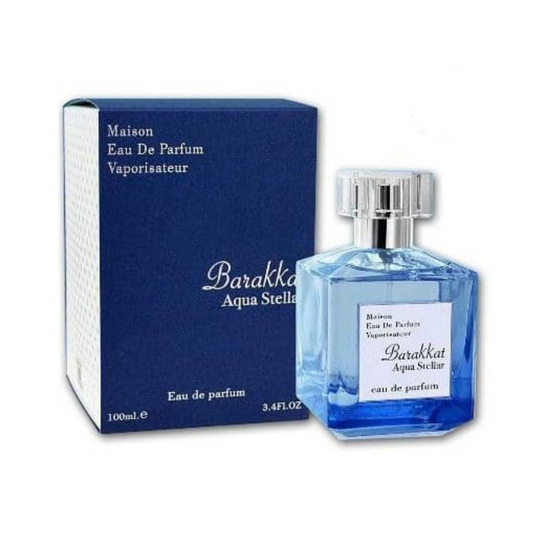Fragrance World Barakkat Aqua Stellar 100 ml Eau de Parfum retail box and bottle