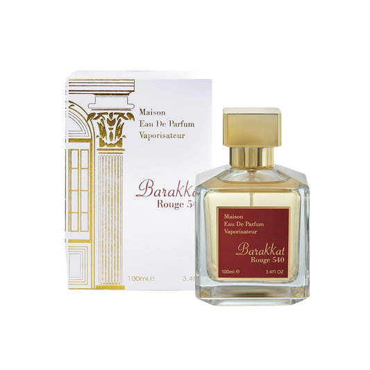 Fragrance World Barakkat Rouge 540 100 ml Eau de Parfum retail box and bottle
