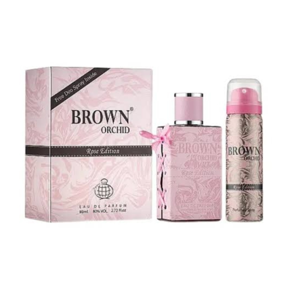 Fragrance World Brown Orchid Rose Edition 80ml Eau de Parfum with free deodorant spray retail box and bottle