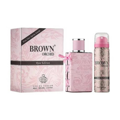 Fragrance World Brown Orchid Rose Edition 80ml Eau de Parfum with free deodorant spray retail box and bottle