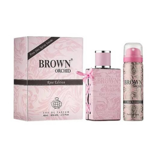 Fragrance World Brown Orchid Rose Edition 80ml Eau de Parfum with free deodorant spray retail box and bottle