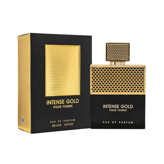 Fragrance World Intense Gold Pour Femme 100 ml Eau de Parfum retail box and bottle
