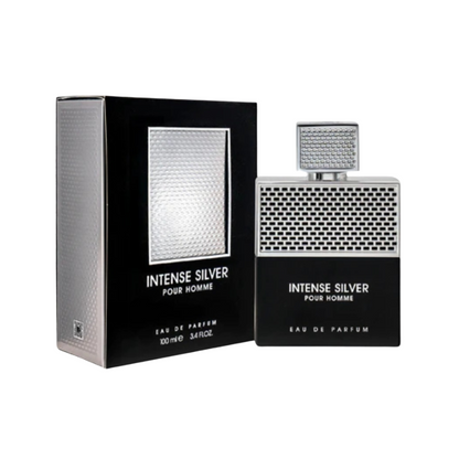 Fragrance World Intense Silver Pour Homme 100 ml Eau de Parfum retail box and bottle