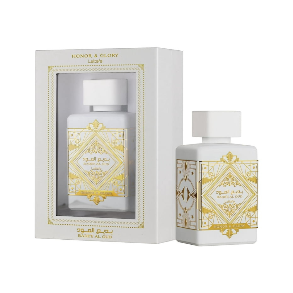 “Lattafa Badee Al Oud Honor & Glory 100ml Eau de Parfum bottle with retail box on display.”