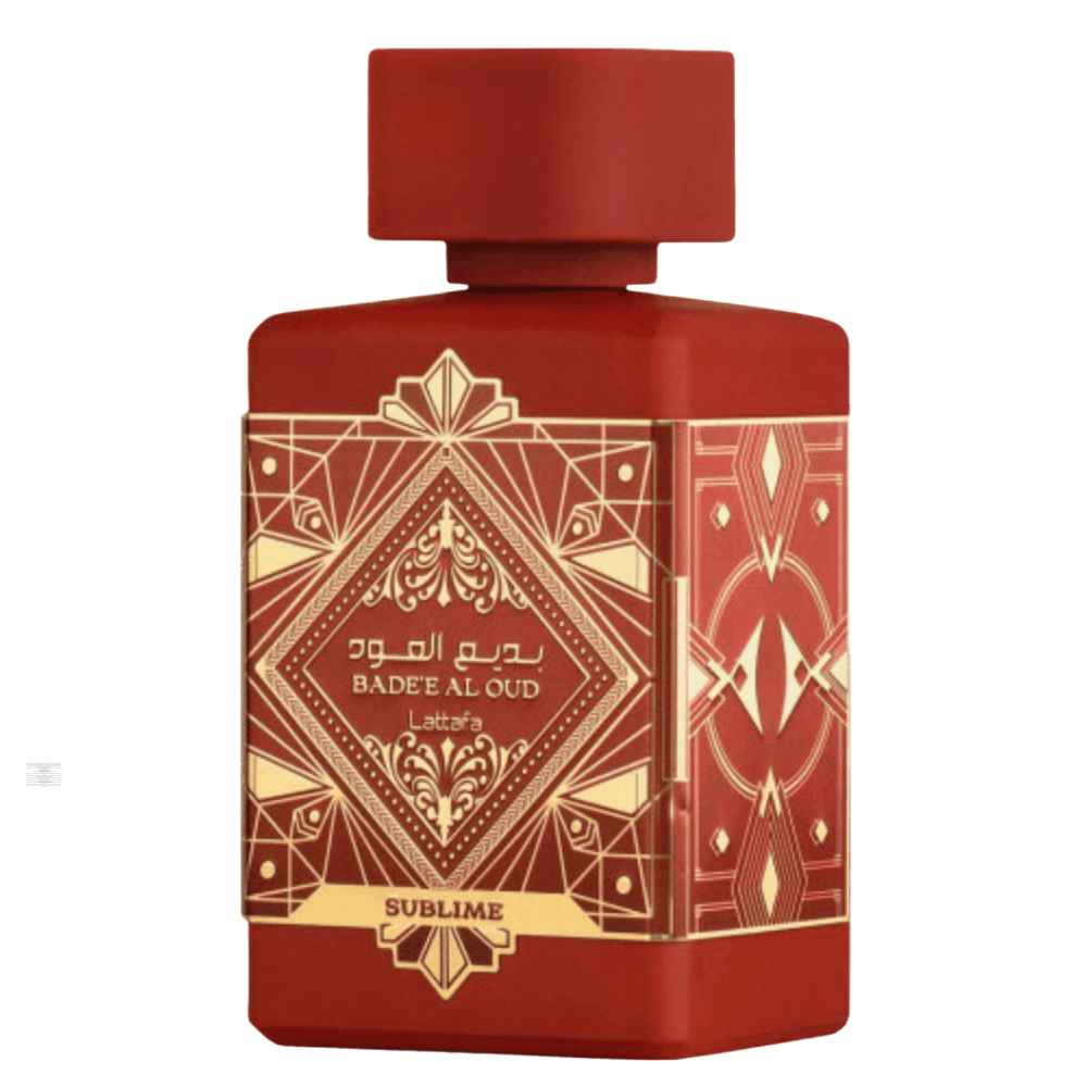 Bottle of Lattafa Badee Al Oud Sublime 100ml Eau de Parfum on white background.
