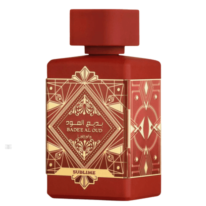 Bottle of Lattafa Badee Al Oud Sublime 100ml Eau de Parfum on white background.