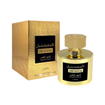 Lattafa Confidential Gold 100ml Eau de Parfum bottle with retail packaging.