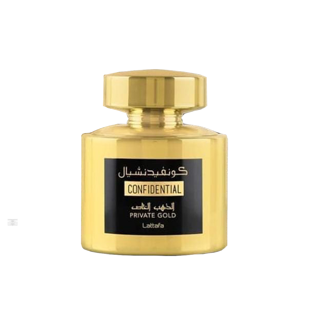 Bottle of Lattafa Confidential Gold 100ml Eau de Parfum on a white background.