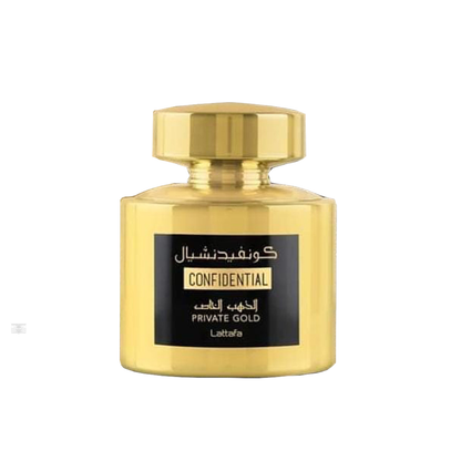 Bottle of Lattafa Confidential Gold 100ml Eau de Parfum on a white background.
