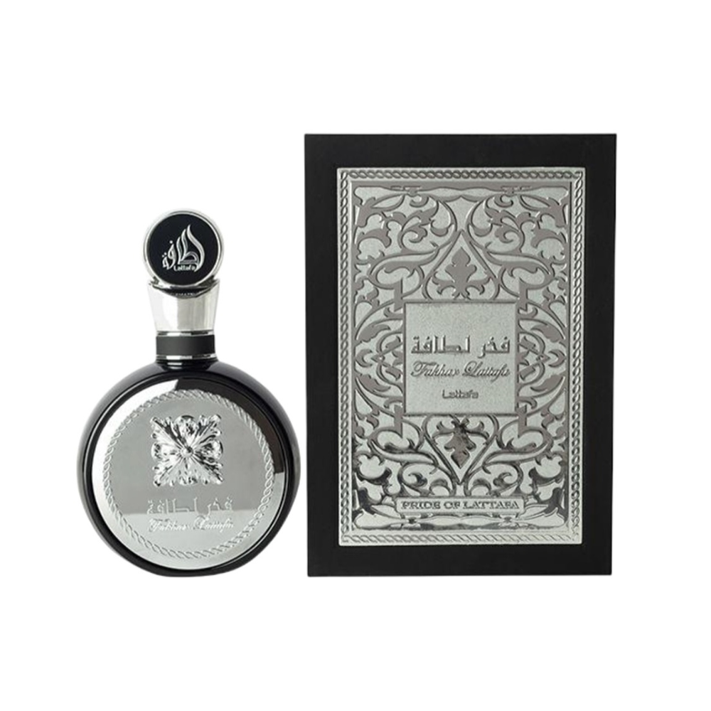 Lattafa Fakhar Silver 100ml Eau de Parfum bottle with retail packaging.