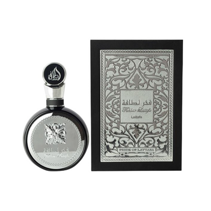 Lattafa Fakhar Silver 100ml Eau de Parfum bottle with retail packaging.