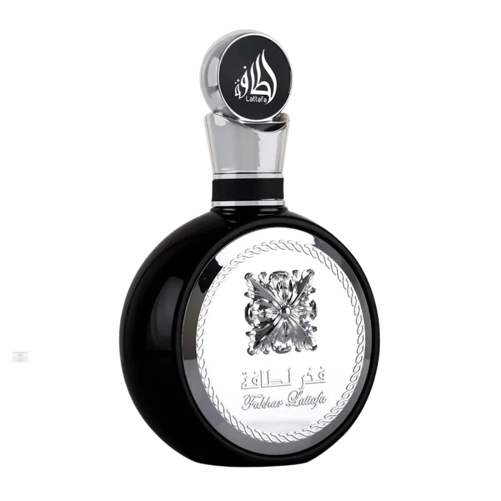 ottle of Lattafa Fakhar Silver 100ml Eau de Parfum on white background.