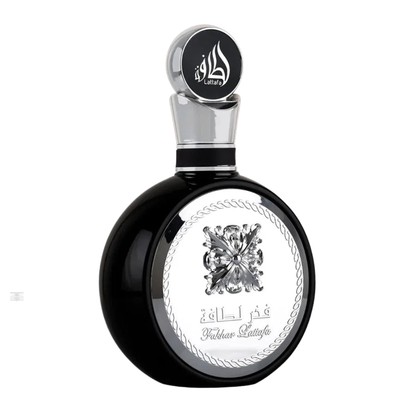 ottle of Lattafa Fakhar Silver 100ml Eau de Parfum on white background.
