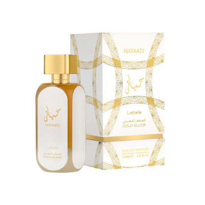 Lattafa Hayaati Gold Elixir 100ml Eau de Parfum bottle with retail packaging.