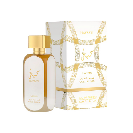 Lattafa Hayaati Gold Elixir 100ml Eau de Parfum bottle with retail packaging.