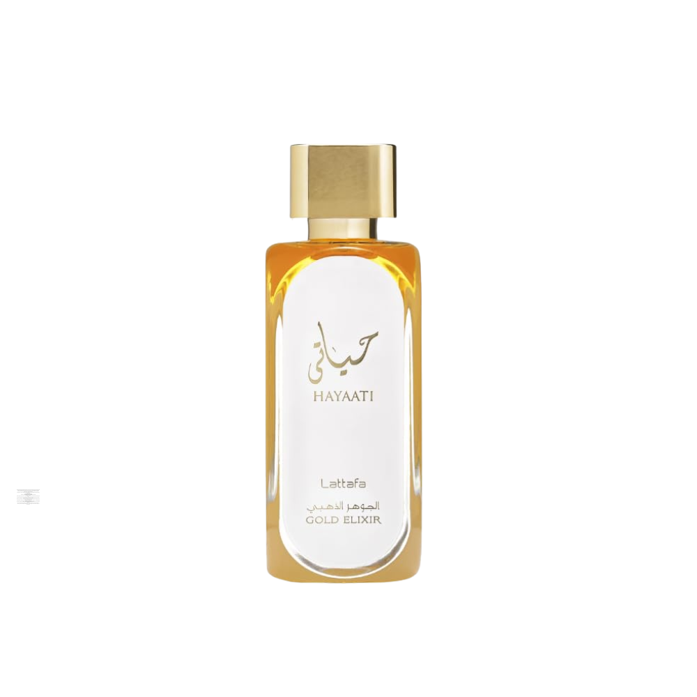 Bottle of Lattafa Hayaati Gold Elixir 100ml Eau de Parfum on white background.