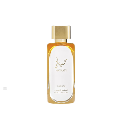 Bottle of Lattafa Hayaati Gold Elixir 100ml Eau de Parfum on white background.