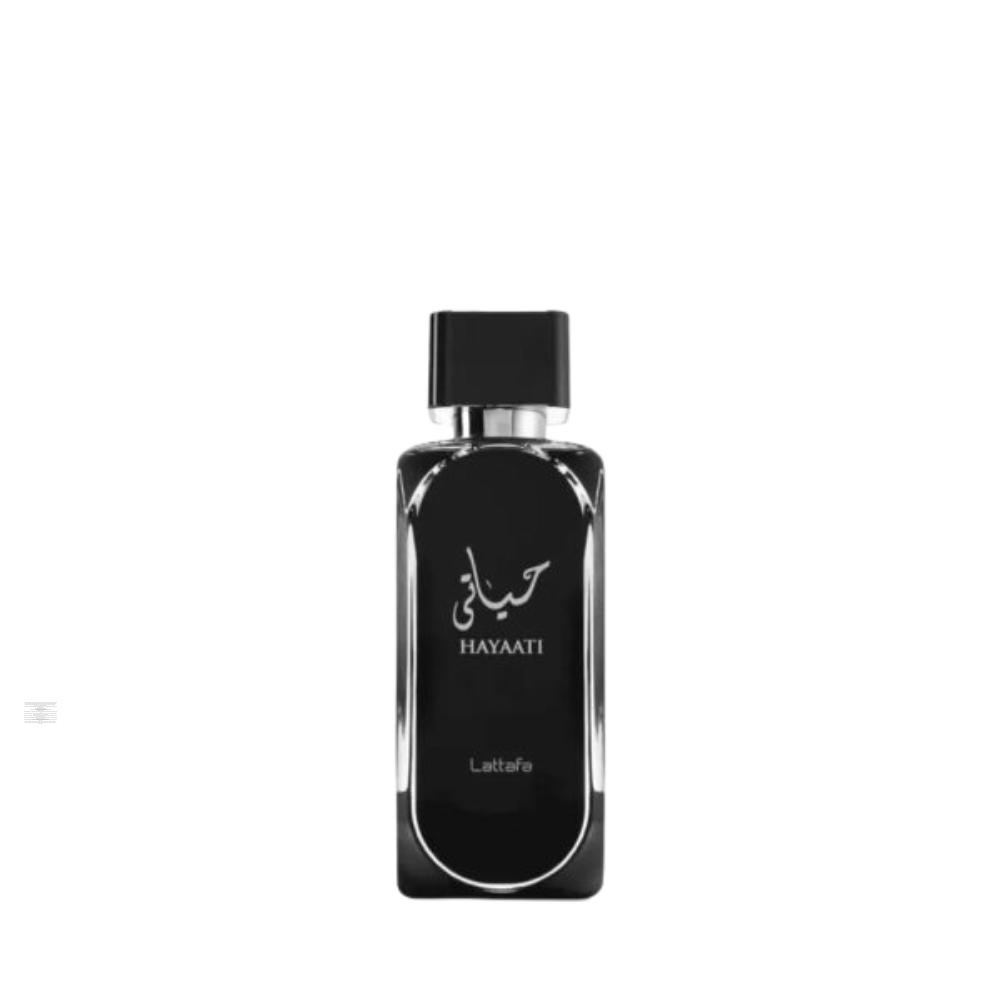Bottle of Lattafa Hayaati 100ml Eau de Parfum on white background.