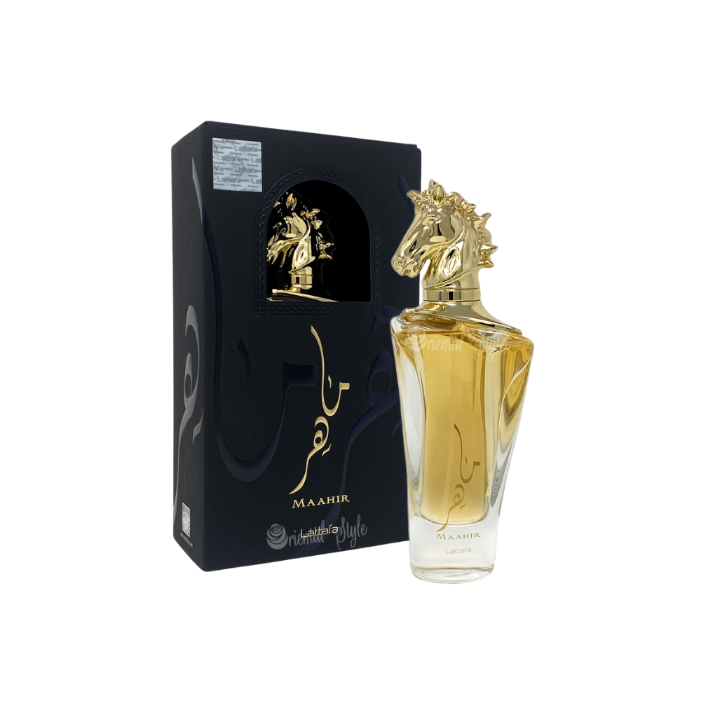 Lattafa Maahir 100ml Eau de Parfum bottle with retail packaging.
