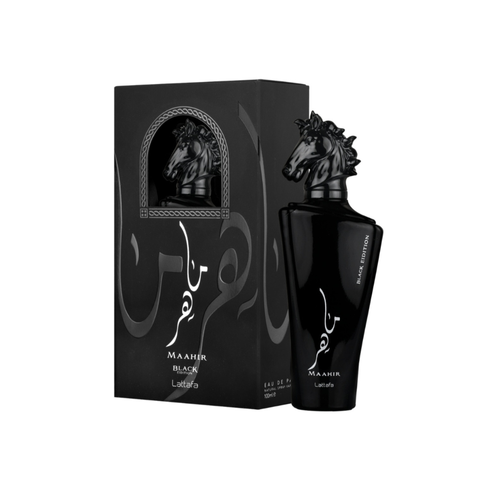 Lattafa Maahir Black 100ml Eau de Parfum bottle with retail packaging.