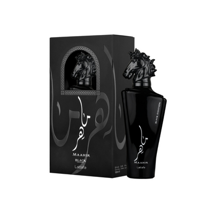 Lattafa Maahir Black 100ml Eau de Parfum bottle with retail packaging.