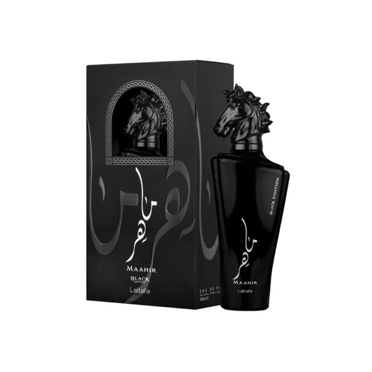 Lattafa Maahir Black 100ml Eau de Parfum bottle with retail packaging.