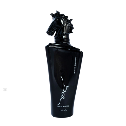 Bottle of Lattafa Maahir Black 100ml Eau de Parfum on white background.