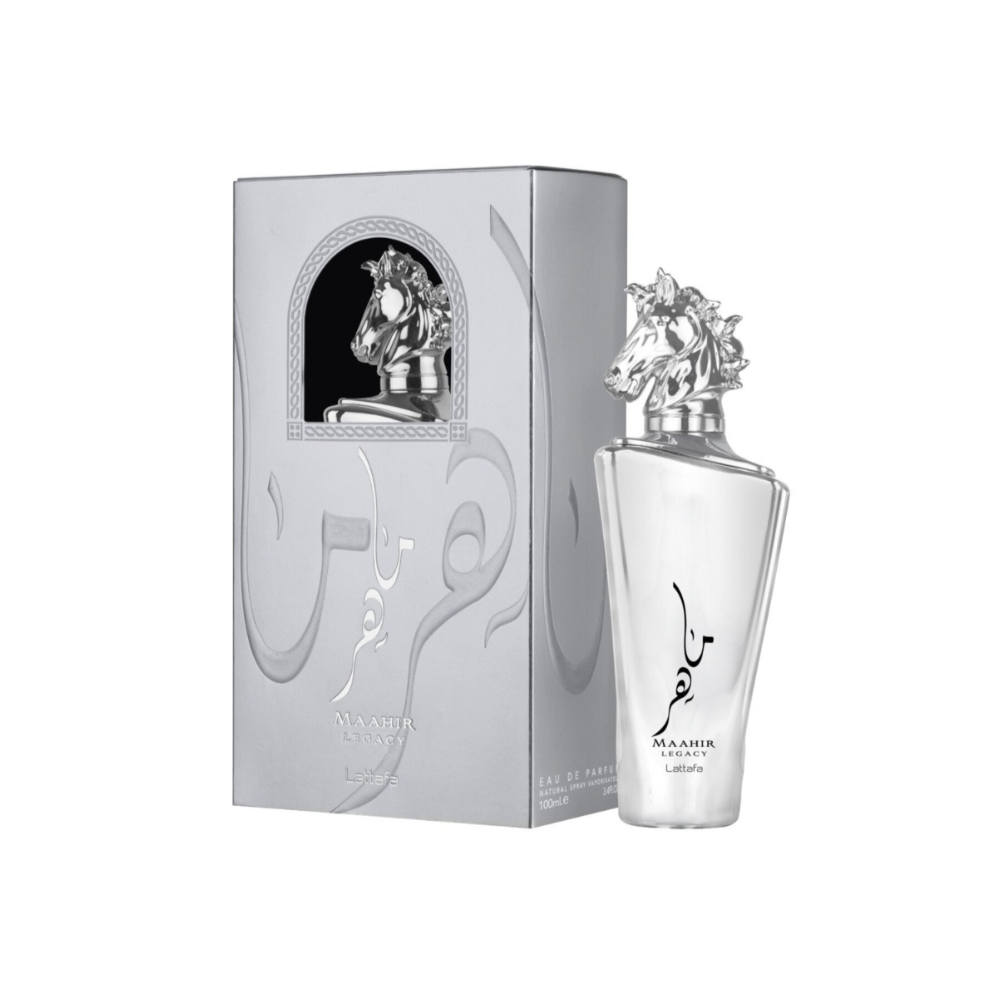 Lattafa Maahir Legacy 100ml Eau de Parfum bottle with retail packaging