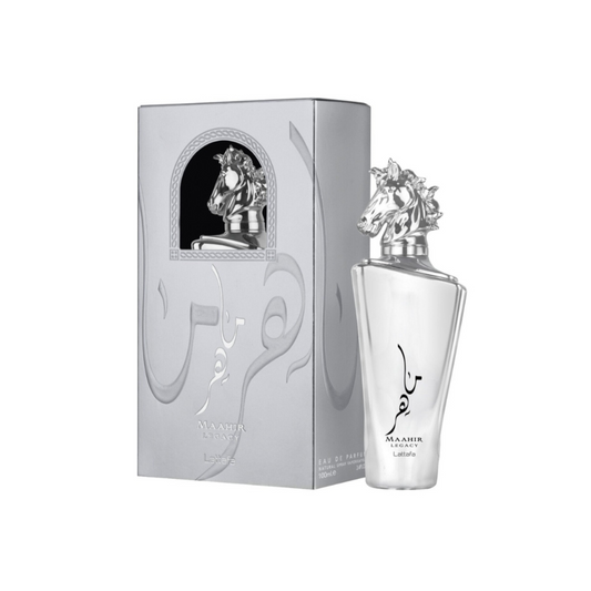 Lattafa Maahir Legacy 100ml Eau de Parfum bottle with retail packaging