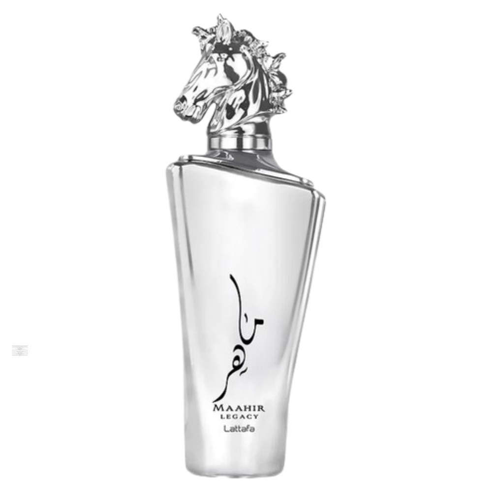 Bottle of Lattafa Maahir Legacy 100ml Eau de Parfum on white background.