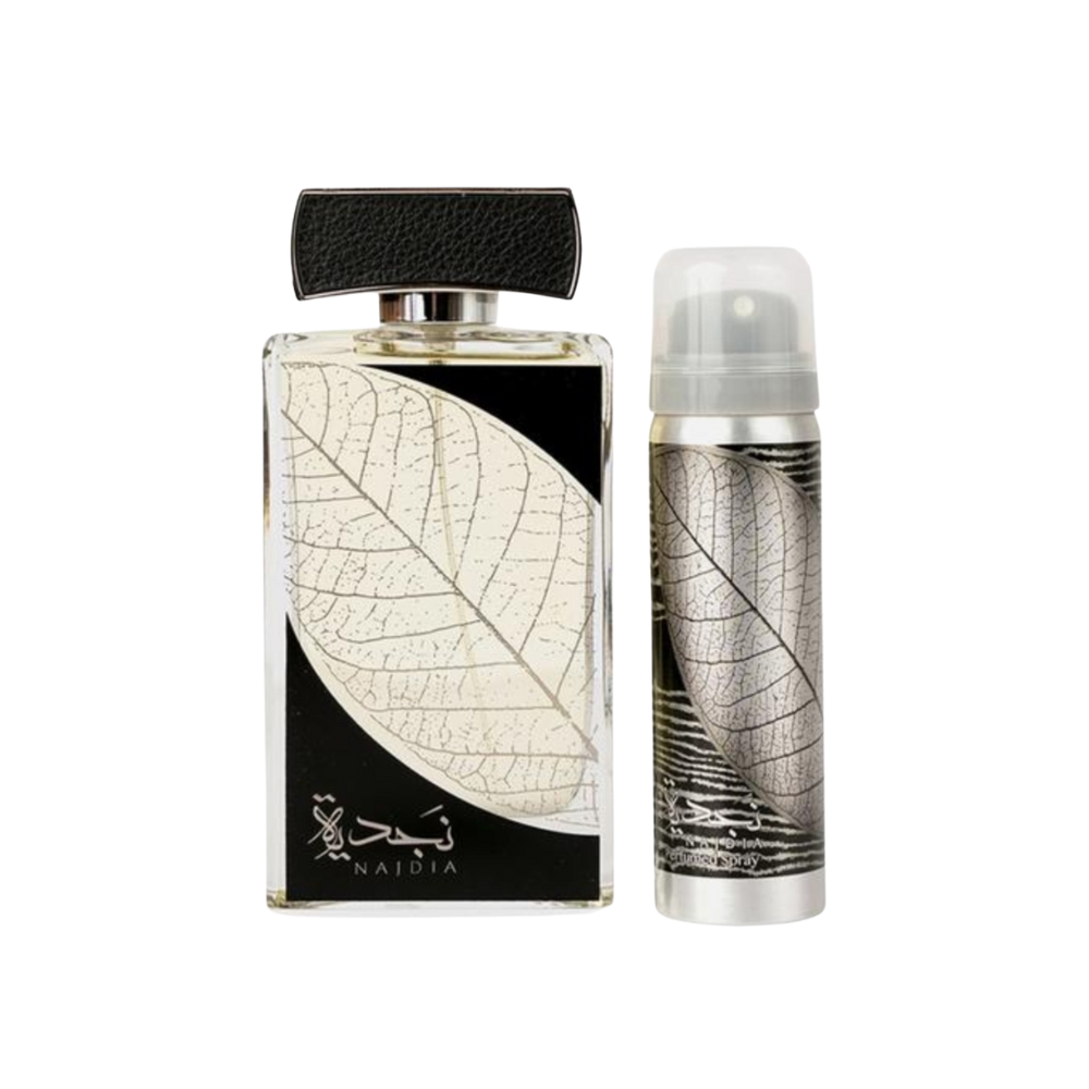 Bottle of Lattafa Najdia 100ml Eau de Parfum on white background+deodorant