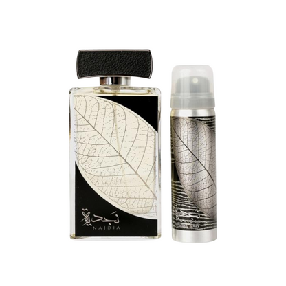 Bottle of Lattafa Najdia 100ml Eau de Parfum on white background+deodorant