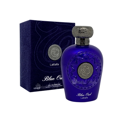 Lattafa Opulent Blue Oud 100ml Eau de Parfum bottle with retail packaging.