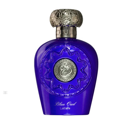 Bottle of Lattafa Opulent Blue Oud 100ml Eau de Parfum on white background.
