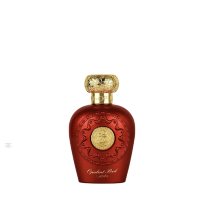 Bottle of Lattafa Opulent Red 100ml Eau de Parfum on white background.
