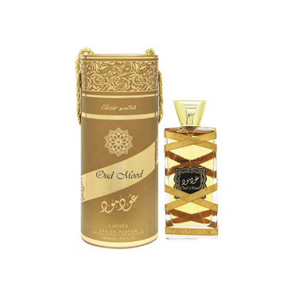 Lattafa Oud Mood Elixir 100ml Eau de Parfum bottle with packaging.