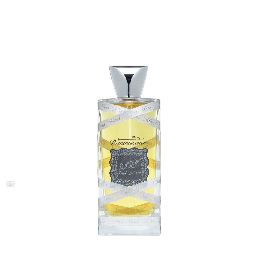 Bottle of Lattafa Oud Mood Reminiscence 100ml Eau de Parfum on white background.