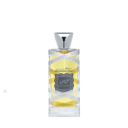 Bottle of Lattafa Oud Mood Reminiscence 100ml Eau de Parfum on white background.