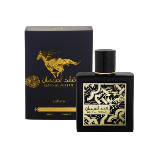 Lattafa Qaed Al Fursan 90ml Eau de Parfum with retail box.