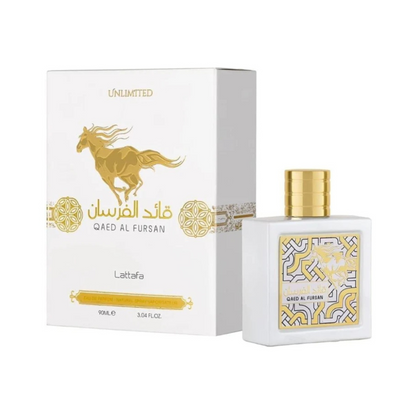 Lattafa Qaed Al Fursan Unlimited 90ml Eau de Parfum with retail box.
