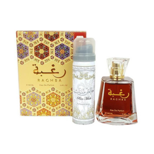 Lattafa Raghba 100ml Eau de Parfum bottle with retail packaging.
