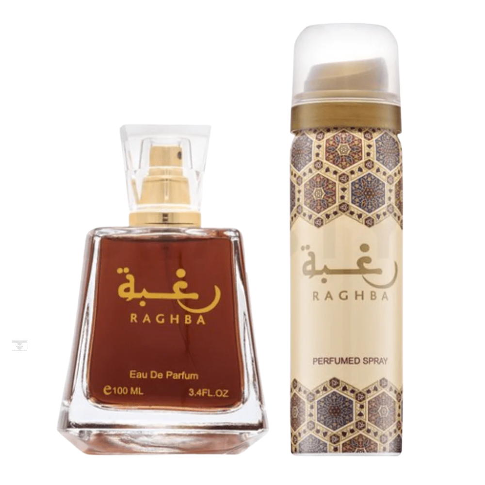 Bottle of Lattafa Raghba 100ml Eau de Parfum on white background.